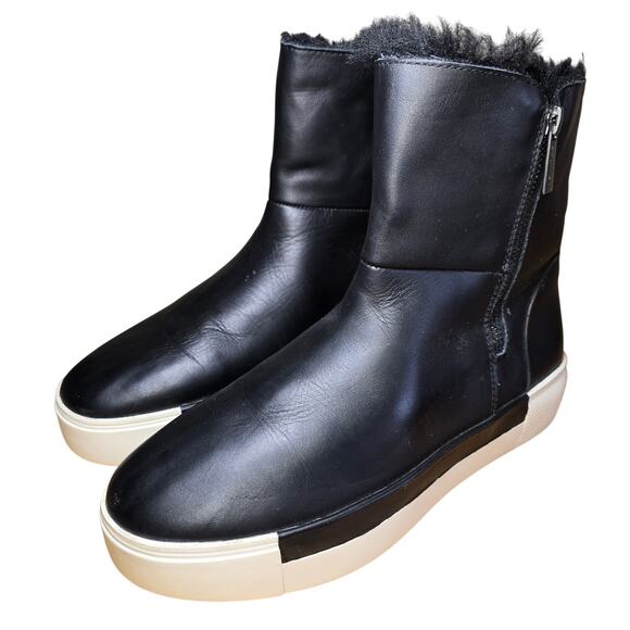J/Slides NYC Leather Black Boots Platform Faux Fur Double Zip Waterproof 8.5 - Picture 1 of 8